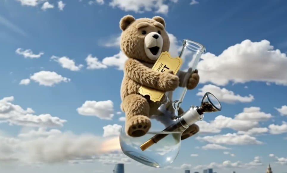 Ted the bear flying through the sky holding a golden ticket