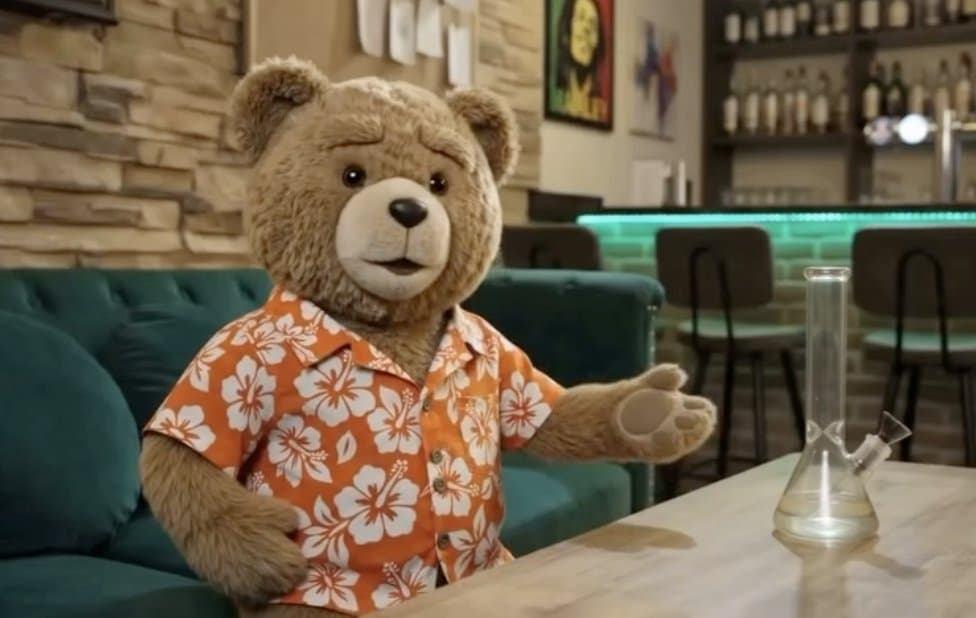Ted the bear lounging in a hibiscus-print beach shirt